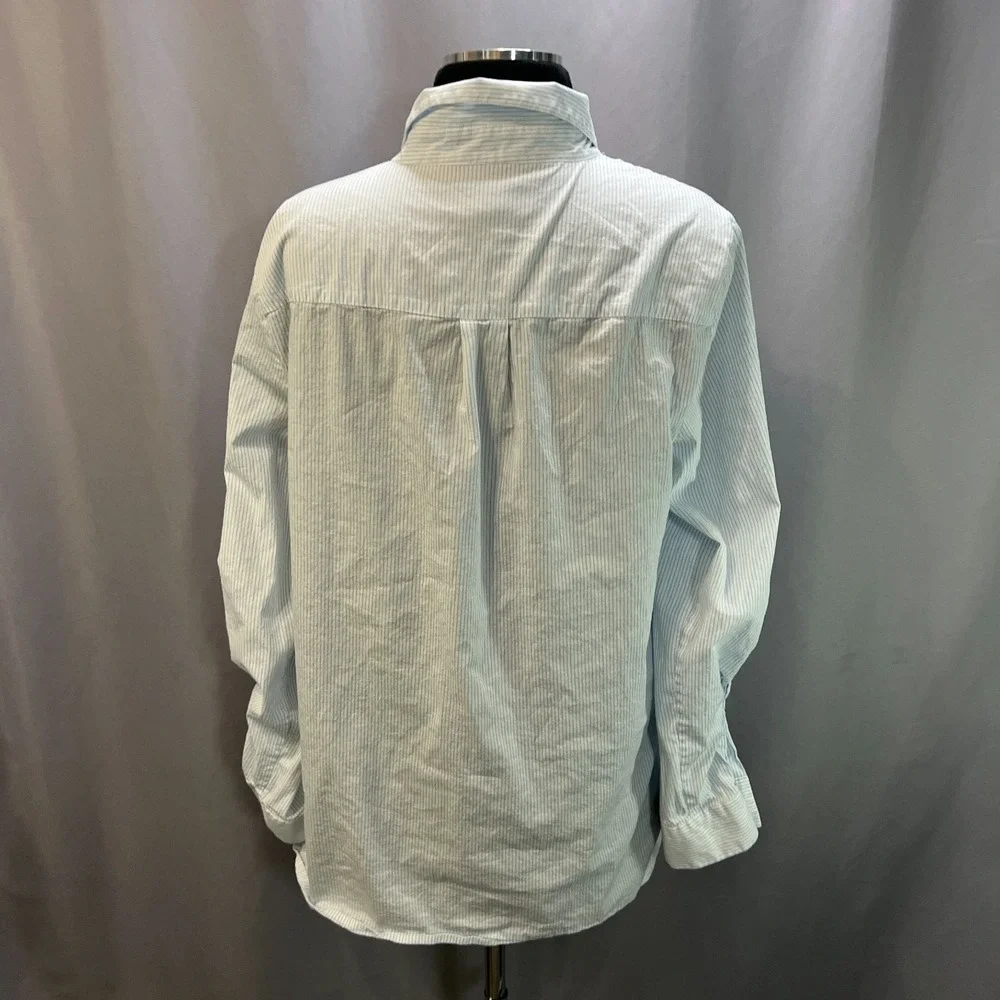 Michael Kors Button Up Shirt Womens L White Blue Striped Roll Tab Sleeve Casual